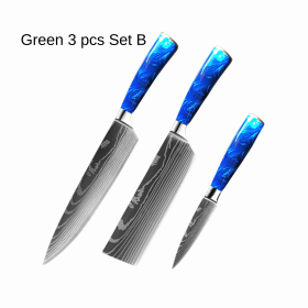 8-inch Chef Knife with Blue Resin Handle (Option: Green 3pcs set B)